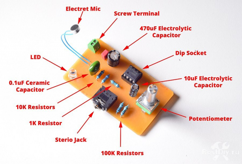 Предусилитель для электретного микрофона на LM358