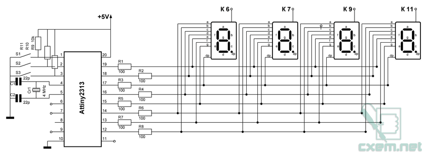 Часы на 7 сегментных индикаторах схема